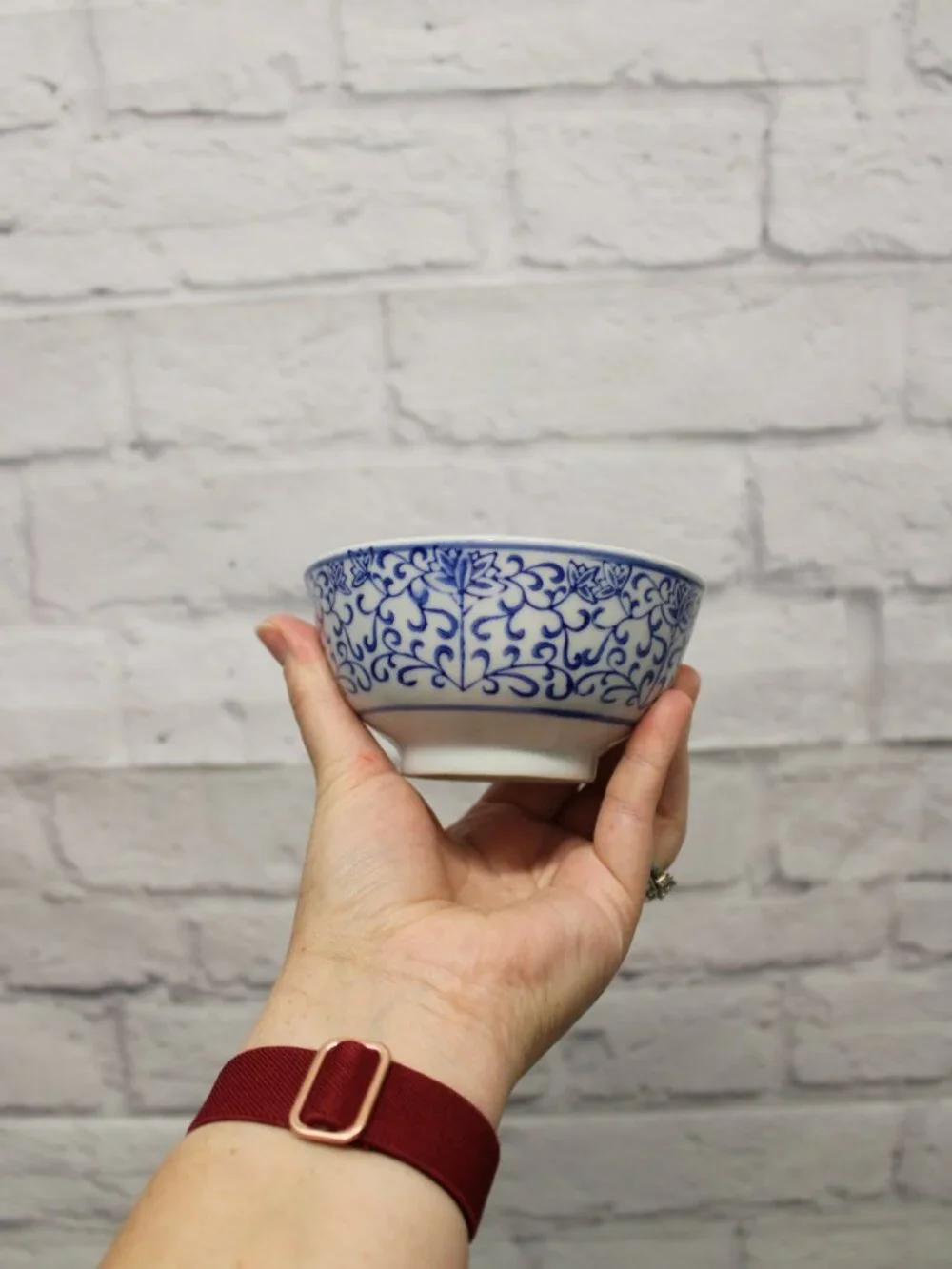 Vintage Blue White Floral Geometric Medallion Porcelain Rice Bowls Set of 3